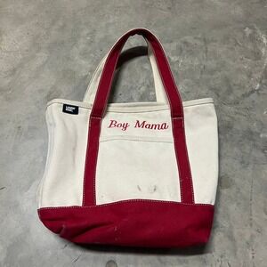Lands End Boy Mama Canvas Tote Bag Cream Red Embroidered Pocket 15x15